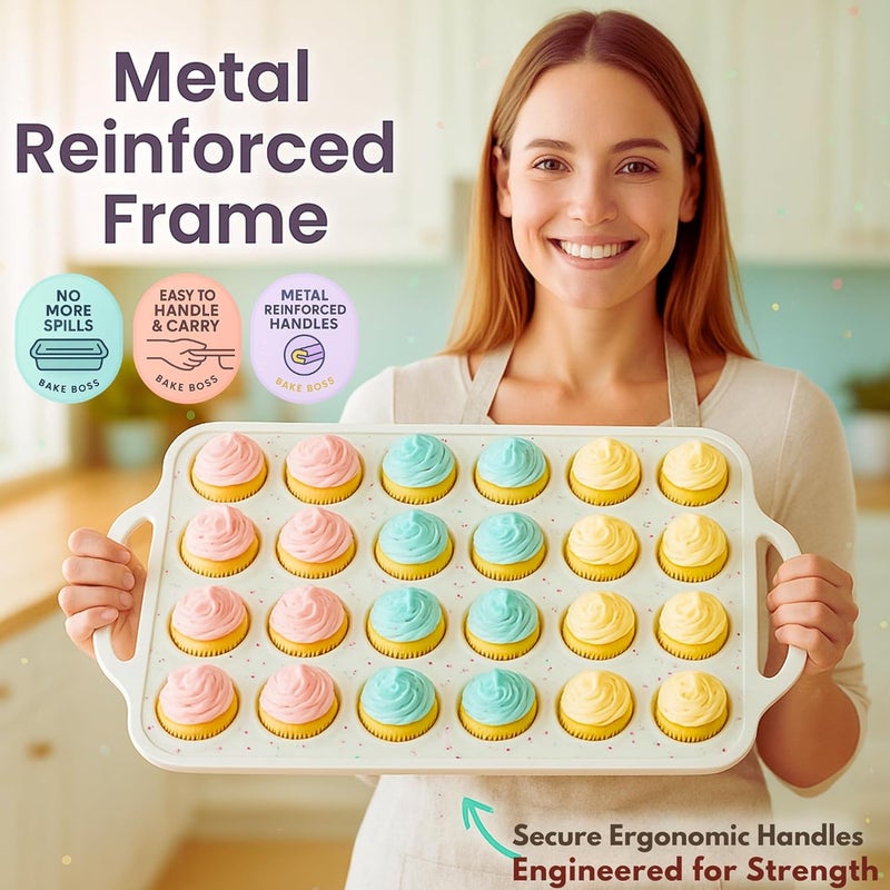 BAKE BOSS 2-Pack Mini Muffin Pan – 24-Cup Silicone Mini Muffin Pans for Baking with Metal-Reinforced Handles – Nonstick, BPA-Free Silicone Muffin Tray for Mini Cupcakes & Snacks – Dishwasher Safe, Cream - Image 4